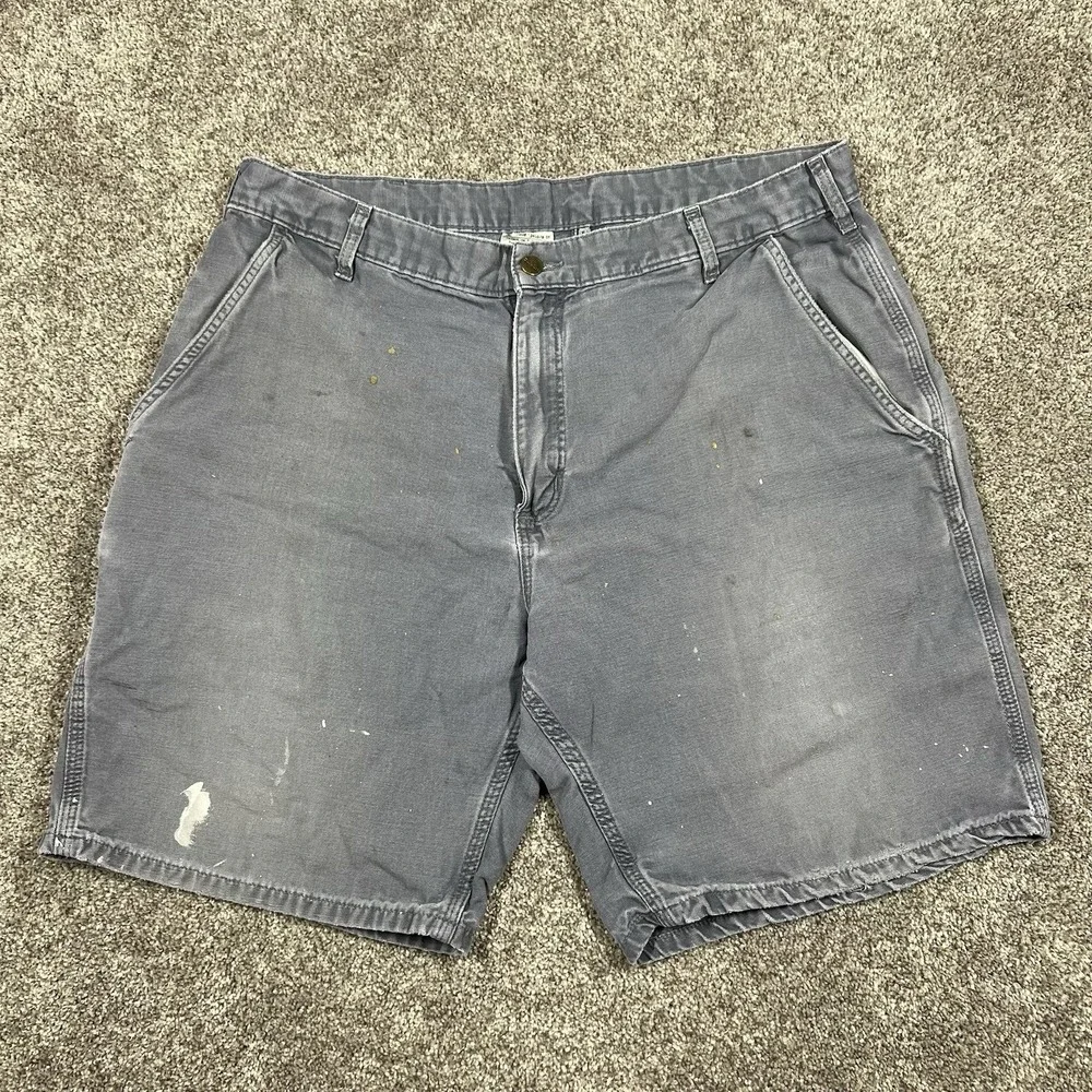 Vintage Carhartt Canvas Carpenter Shorts 36 Faded Grey Distressed Paint Splatter